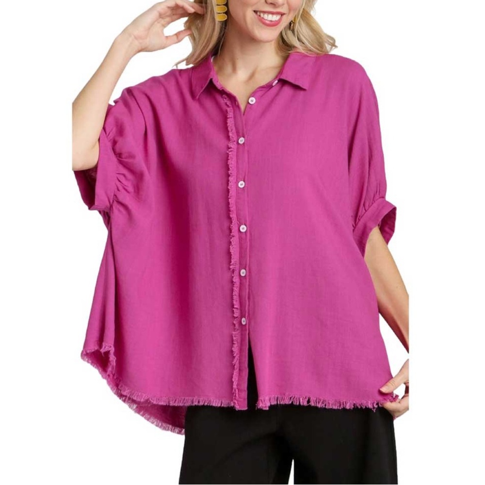 ^GUC^ Umgee Pink Oversized Short Sleeve Button Down Shirt